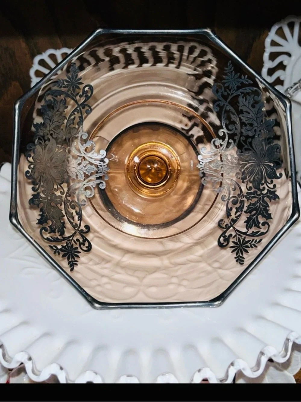 Vtg Pink Depression Glass Bowl Sterling Silver Overlay Octagonal Rim 1930s